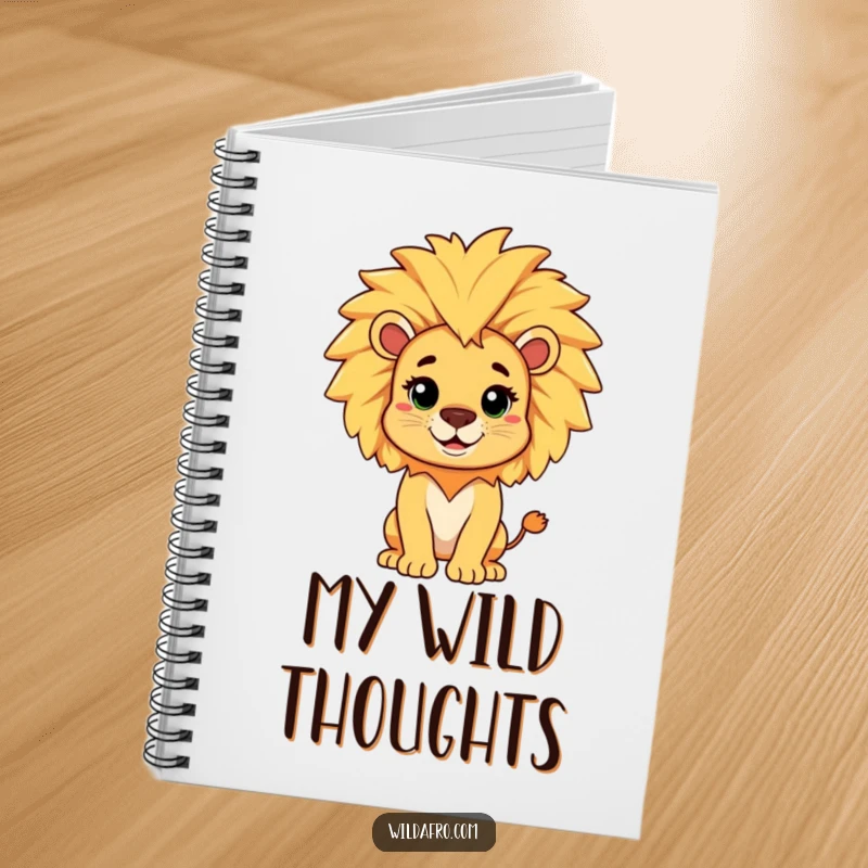 Funny notebook with a cheerful lion character displaying a playful afro mane, ideal for jotting down ideas with humor.