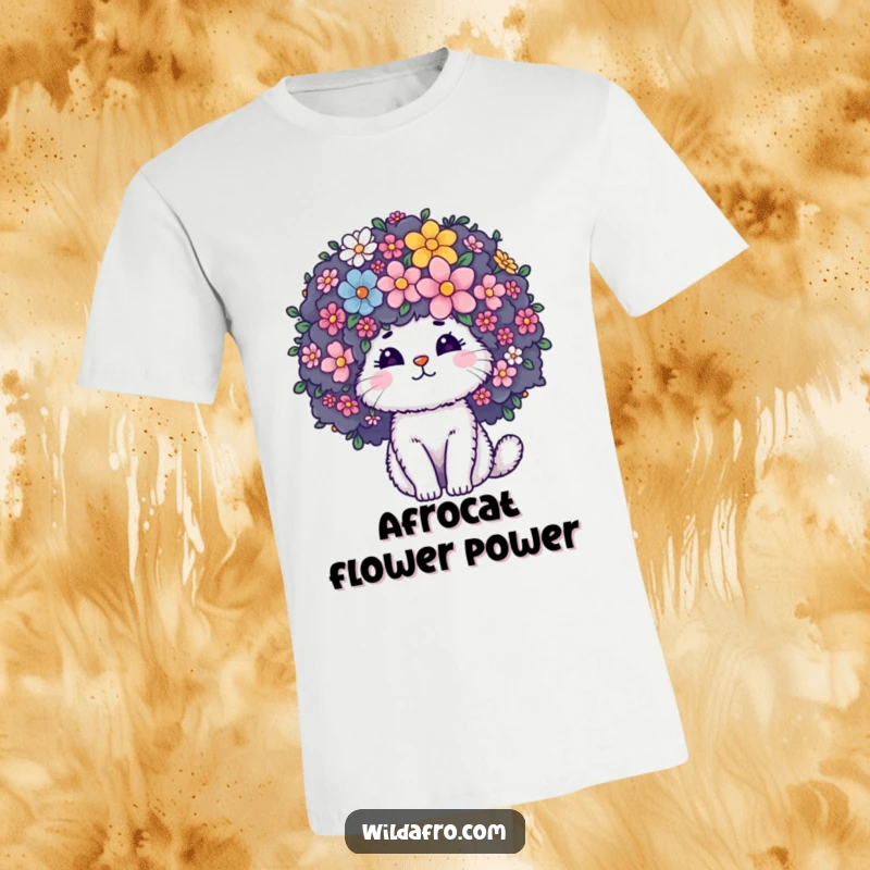 Funny T-Shirt showcasing a fluffy cat character sporting a giant curly afro erupting with vibrant, blooming flowers for a stylish, humorous look.