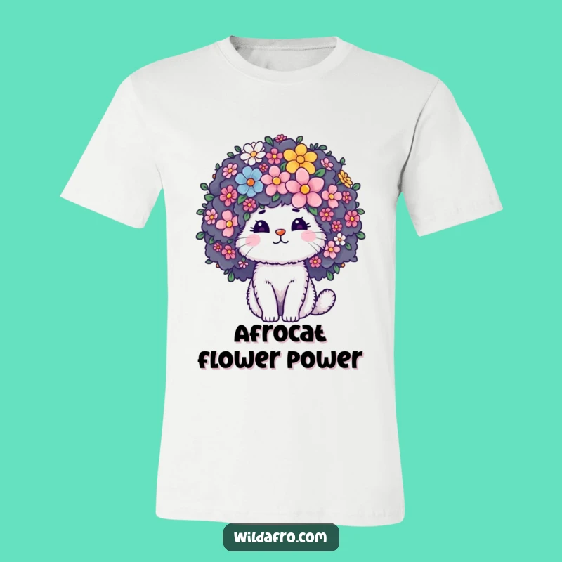 Funny Cat Afro Flower T-Shirt: Fluffy Character Style with Blooming Floral Fun