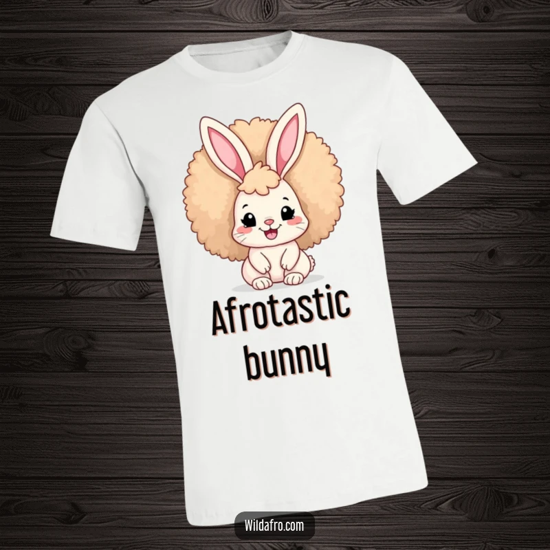 Funny Afro Bunny T-Shirt depicting a cute bunny with a voluminous afro hairstyle, smiling wide, radiating positive energy and coolness.