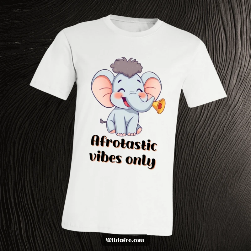 Funny Elephant T-Shirt with Afro, Giggling and Trumpeting Merrily, Expressing Pure Happiness