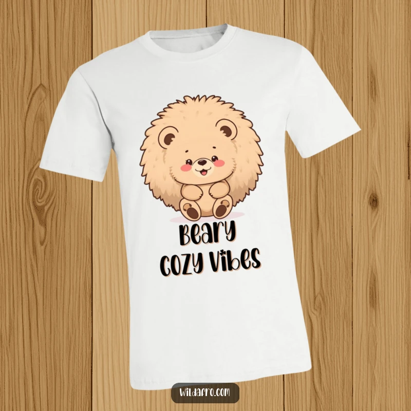 Funny bear afro t-shirt depicting a chubby bear cub gleefully hiding inside a large, fluffy afro.
