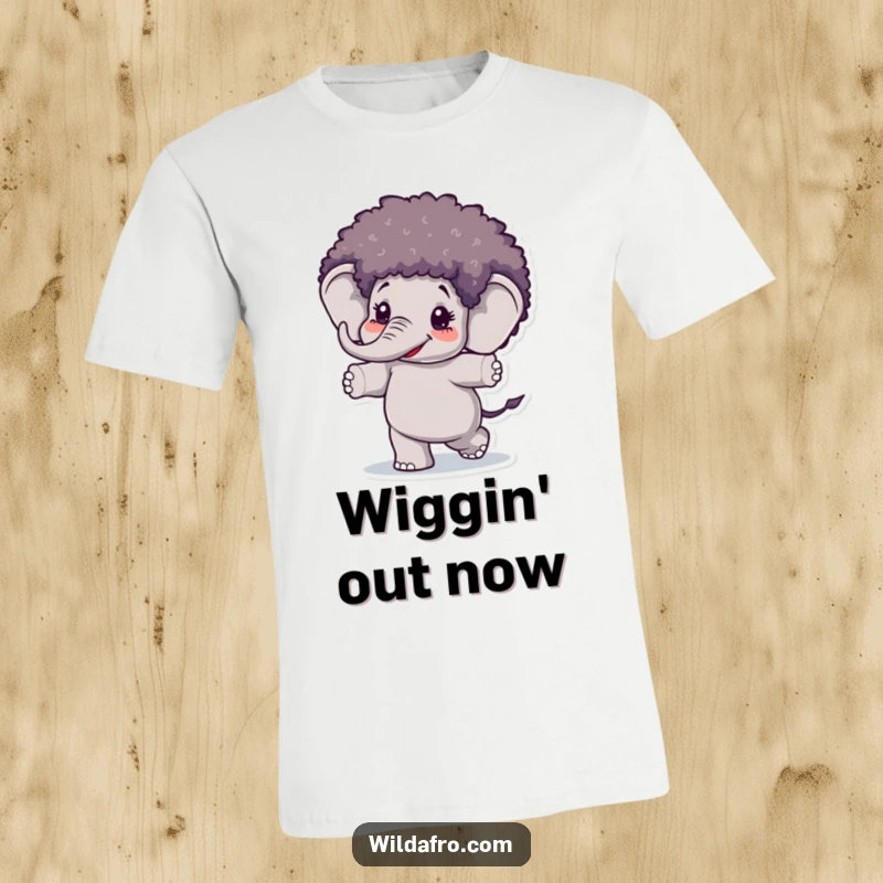 Funny Elephant Afro Wig T-Shirt of a happy elephant sporting a large afro wig and dancing with enthusiasm, great for dancers.