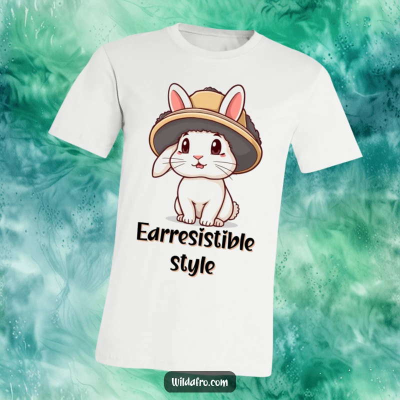 Funny rabbit t-shirt featuring a curious bunny wearing a vibrant afro hat with its ears playfully sticking out.