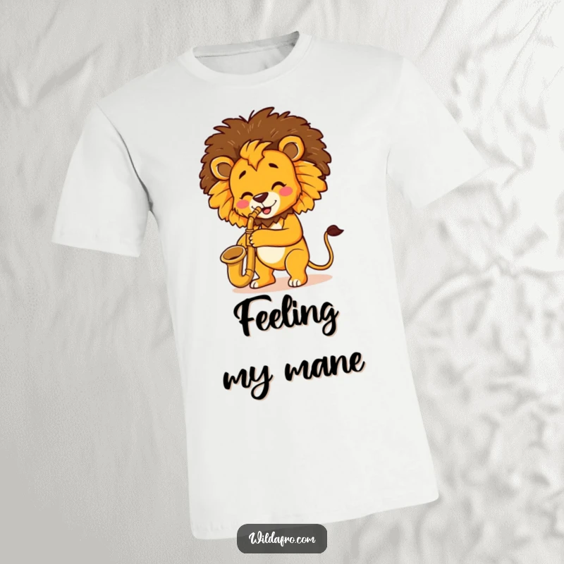 Funny Lion Saxophone Afro T-Shirt showcasing a cheerful lion playing a saxophone with a large, stylish afro, perfect for music enthusiasts.