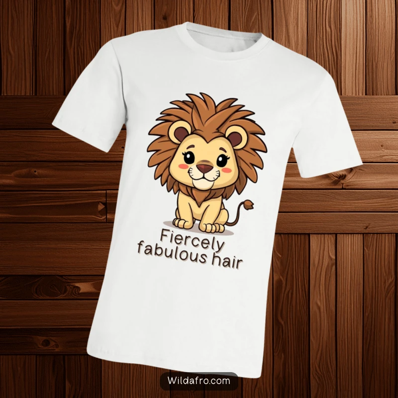 Funny lion t-shirt depicting a proud lion with a spectacular afro shaking its mane, exuding confidence and cool.