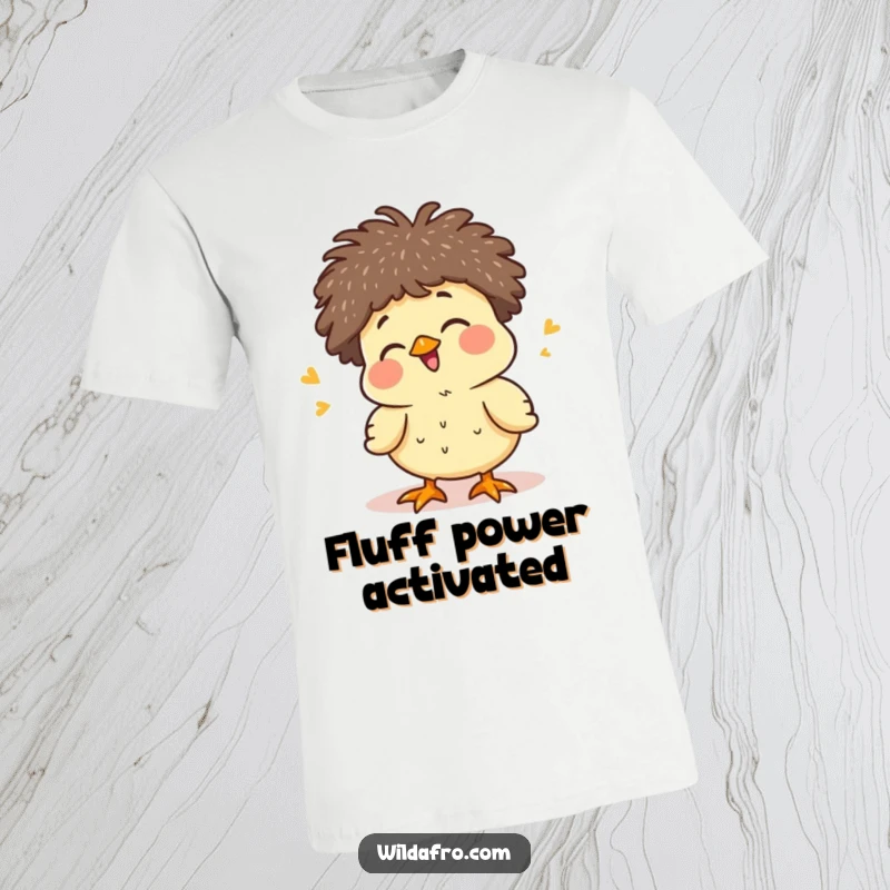 Funny giggling chick with a small afro chirping happily on a t-shirt, embodying pure cuteness and cheerful energy, a sweet funny gift.