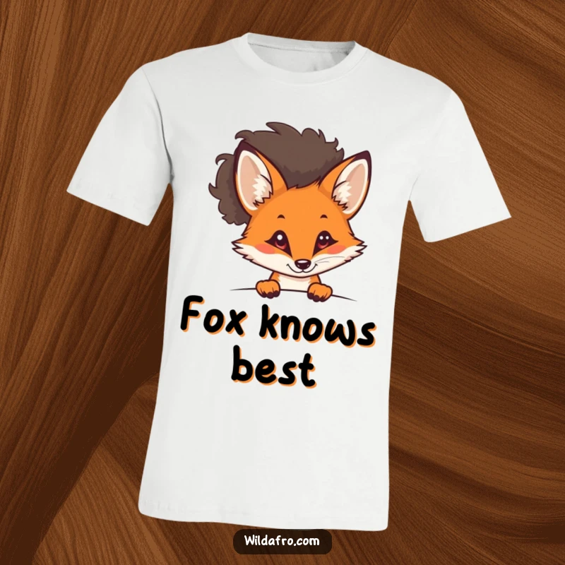 Funny curious fox with a stylish afro peeking out on a t-shirt, embodying slyness and cool fashion, a witty funny gift.