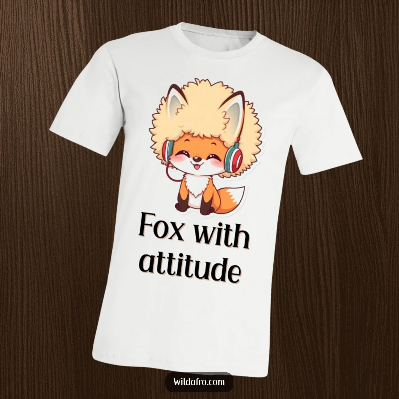 Funny Afro Fox DJ T-Shirt depicting a cheerful fox with a voluminous afro hairstyle and tiny headphones, embodying cool musical vibes.