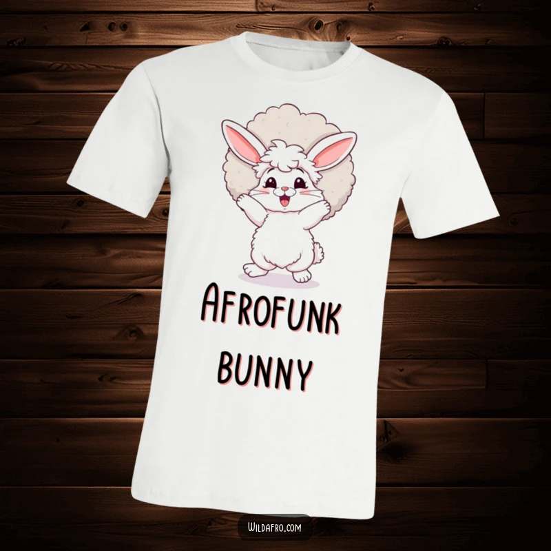 Funny bunny t-shirt, fluffy with a huge afro, dancing energetically with pure joy and a retro flair. An excellent funny gift.
