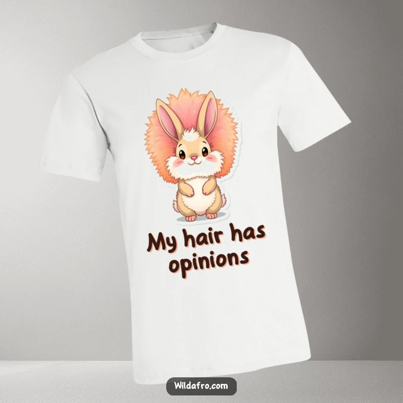 Funny fluffy bunny t-shirt featuring a bunny with a large, vibrant, towering afro, celebrating retro style and fun.