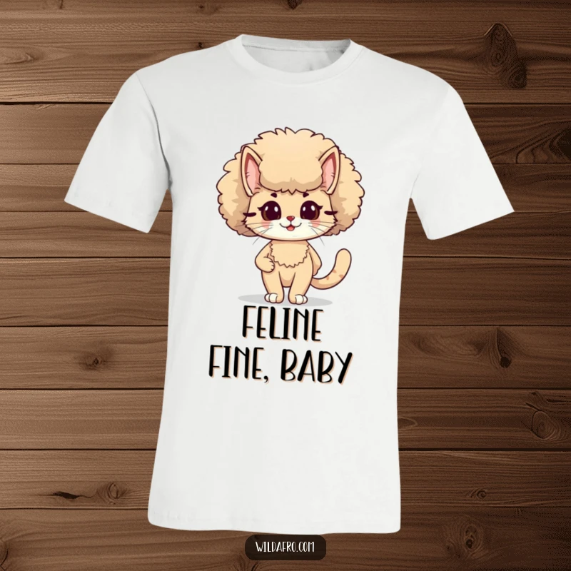 Funny cat with a big, fluffy afro strutting confidently on a t-shirt, embodying 70s coolness and feline swagger, a fun funny gift.
