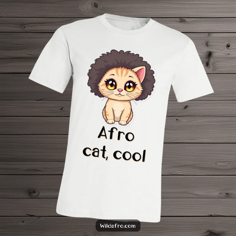 Funny cat afro t-shirt depicting a round cat with big, sparkling eyes, sporting a large, voluminous afro wig.