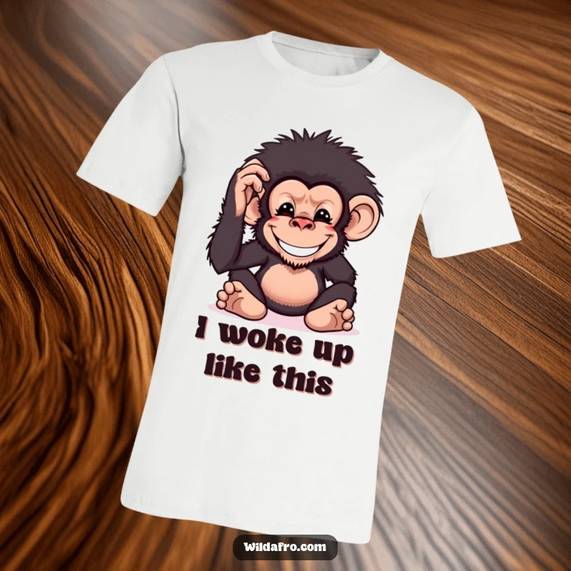 Funny chimpanzee t-shirt featuring a grinning monkey character playfully patting its voluminous, bushy afro hairstyle.