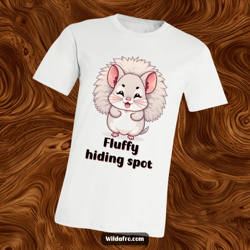 Funny t-shirt with a giggling chinchilla peeking from its fluffy afro, embodying playful shyness. Perfect funny gift.