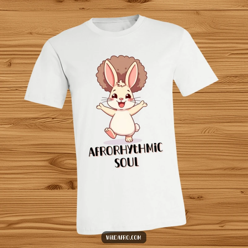 Funny Rabbit Afro T-Shirt: A happy, energetic bunny with a voluminous afro, dancing ecstatically, a humorous and eye-catching graphic tee.
