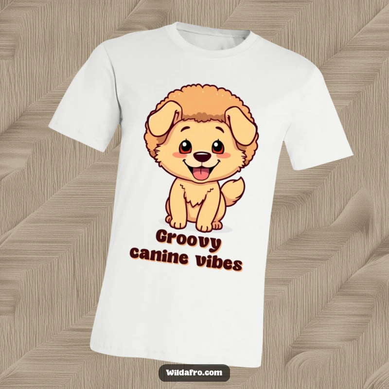Funny Dog Afro T-Shirt: A happy dog character proudly sports a shimmering afro while wagging its tail.