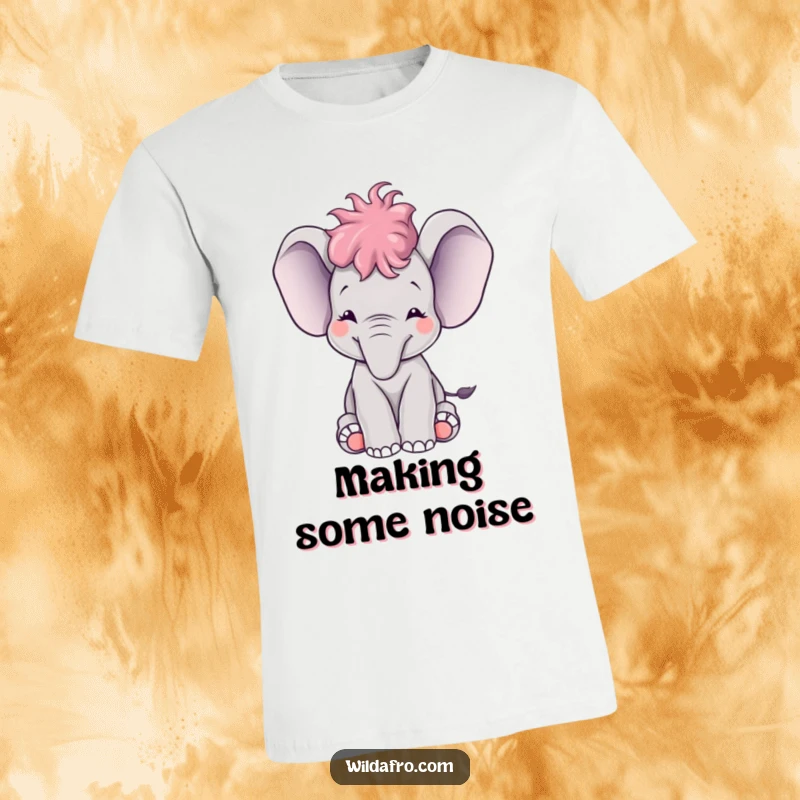 Funny baby elephant with a small afro happily trumpeting, featured on a comfortable and humorous t-shirt.