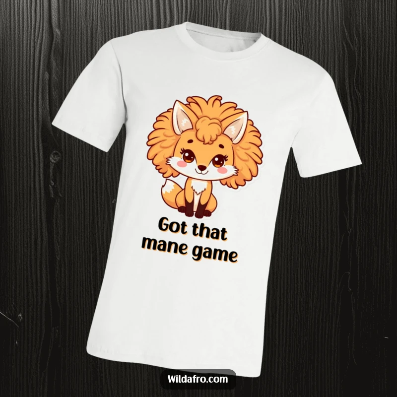 Funny fox t-shirt with a playful character sporting a large, curly afro mane. Humorous and stylish apparel for fox enthusiasts.