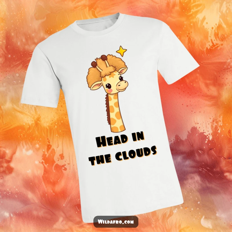 Funny giraffe t-shirt, a cheerful giraffe with a towering afro reaching towards a twinkling star, full of hope.