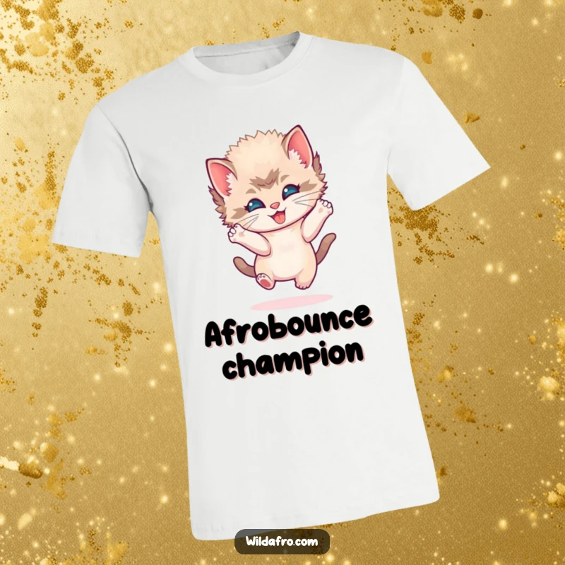 Funny playful kitten t-shirt featuring a kitten with a round afro, bouncing joyfully with infectious energy and retro flair.
