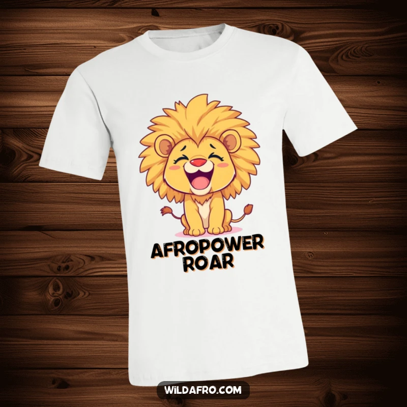 Funny lion cub t-shirt, ecstatic with a magnificent afro, playfully roaring with confidence and charm. An excellent funny gift.