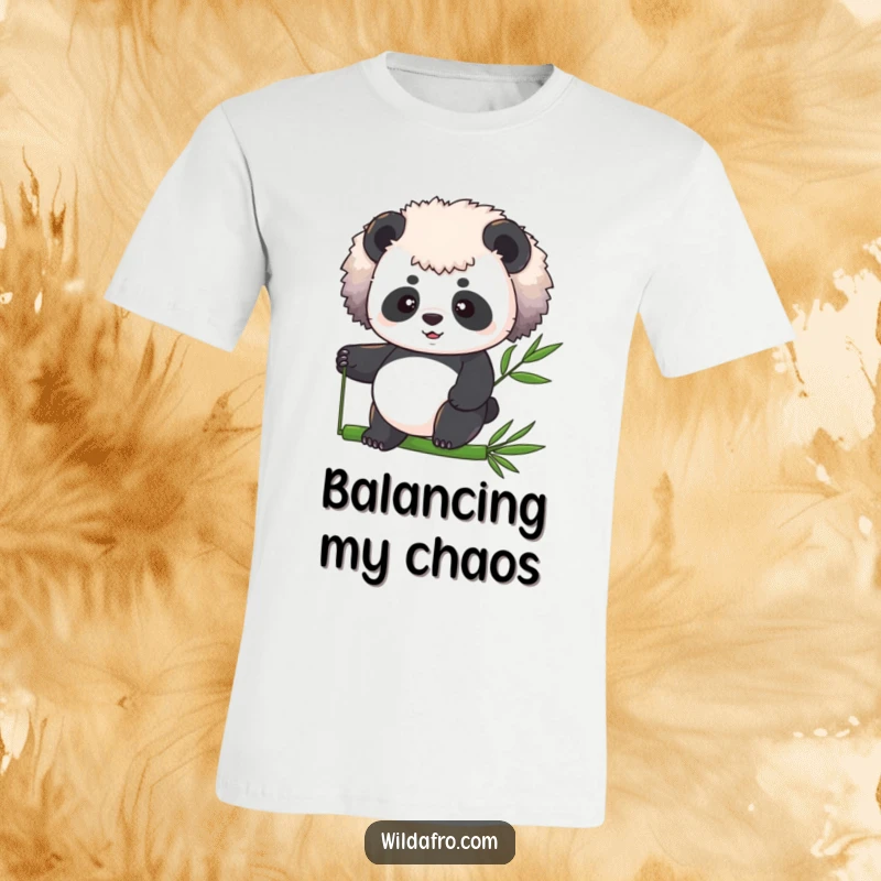 Funny panda with a big fluffy afro in a balancing act on a bamboo pole, featured on a comedic t-shirt.