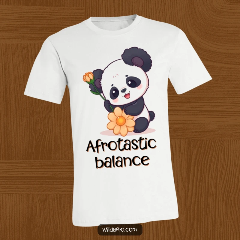 Funny Panda T-Shirt with Rounded Afro and Flower - Playful Animal, Humorous Graphic