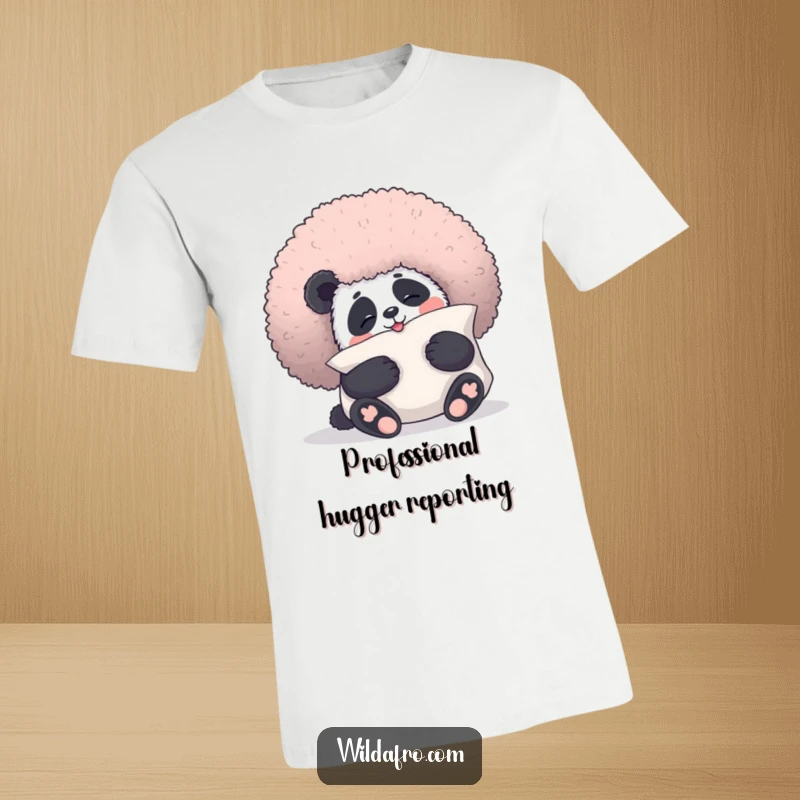 Funny panda t-shirt with a giggling panda bear embracing a giant, fluffy afro as a pillow, showcasing cute and humorous affection.