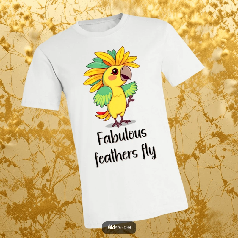 Funny t-shirt with a dancing parrot character flaunting a vibrant, feathered afro with energetic moves. Perfect funny gift.