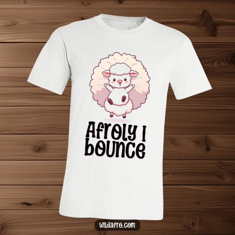 Funny t-shirt with a fluffy sheep character happily bouncing on a large afro puff, symbolizing playful joy and retro vibes.