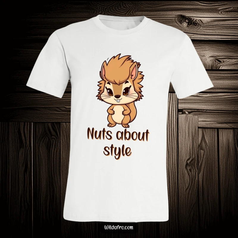 Funny squirrel t-shirt with a determined character sporting a stylish, bushy afro. Humorous and energetic apparel for busy bees.