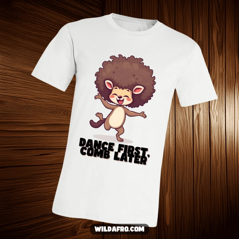 Funny t-shirt showing an agile animal dancing enthusiastically, crowned by a large, joyful afro that bounces with every step.