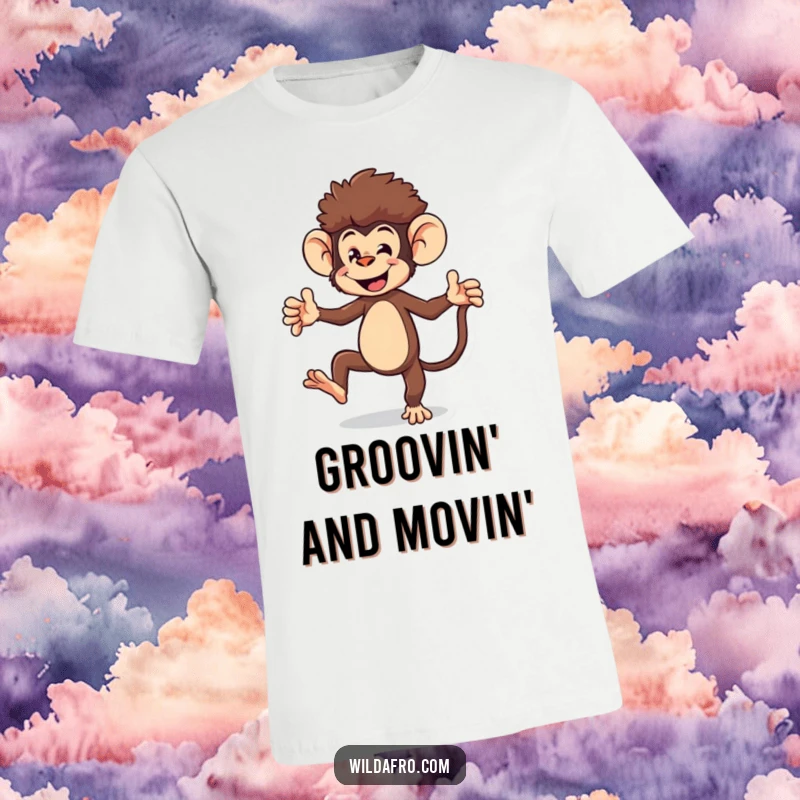 Funny monkey t-shirt depicting an energetic monkey with a cool afro doing a fun, playful dance, full of life.