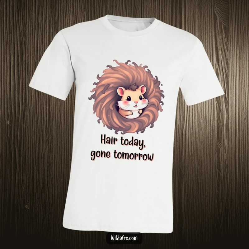 Funny hamster t-shirt with a curious hamster emerging from a colorful, swirling vortex of afro hair, capturing a moment of playful humor.