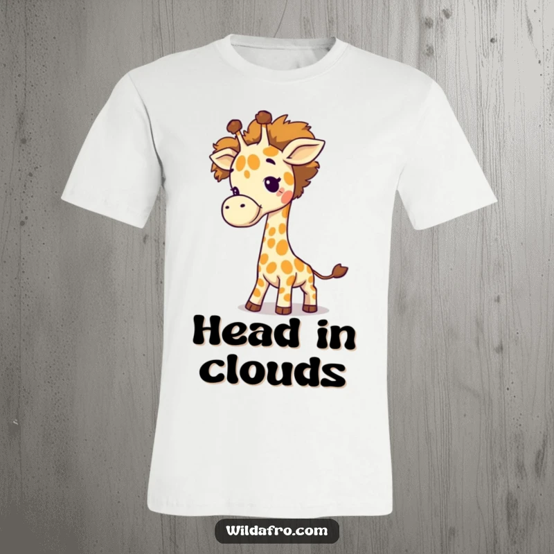 Funny Giraffe Afro Tail T-Shirt of a giggling giraffe playfully swinging a fluffy afro as its tail, perfect for casual wear.