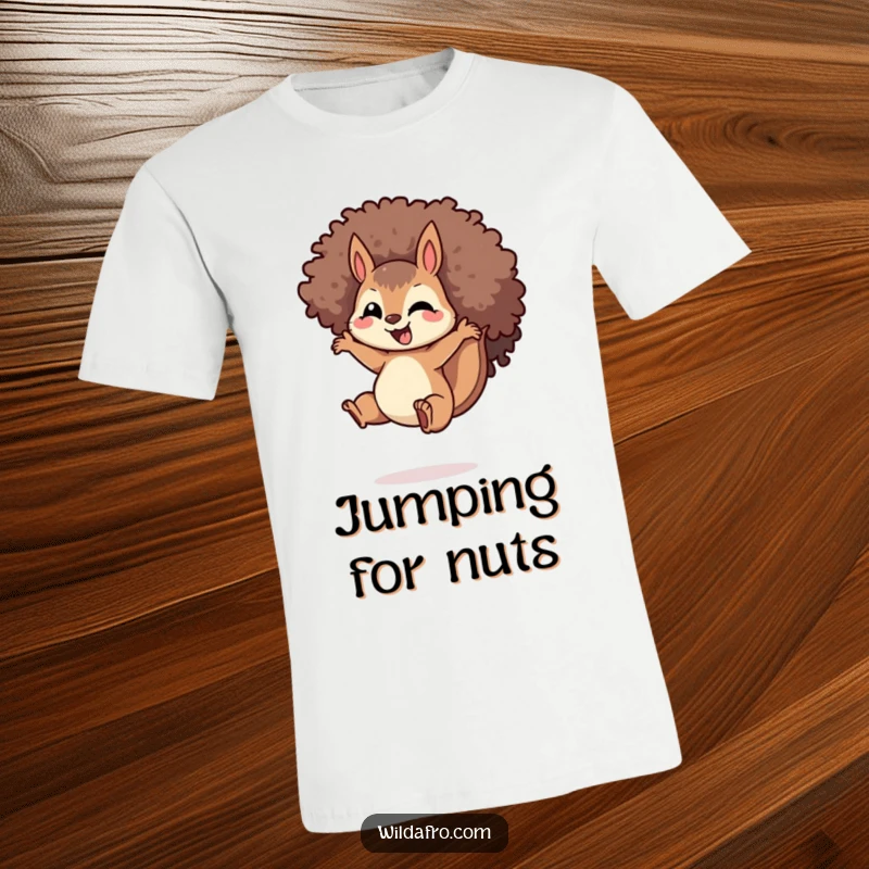 Funny Squirrel Afro T-Shirt: A delighted squirrel with a distinctive spiraled afro, performing an impressive jump, a humorous and eye-catching graphic tee.