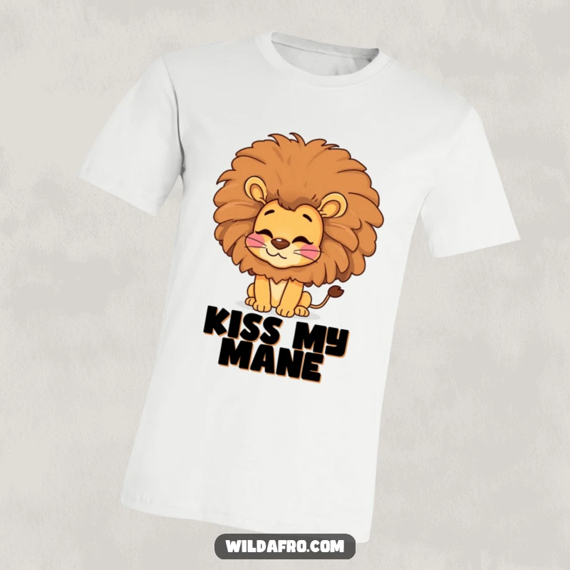Funny lion t-shirt, a happy lion with a massive afro blowing a playful kiss, exuding 70s vibes.