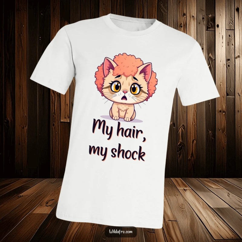 Funny cat with a vibrant afro hairpiece, looking shocked on a t-shirt. A wild and funny gift.