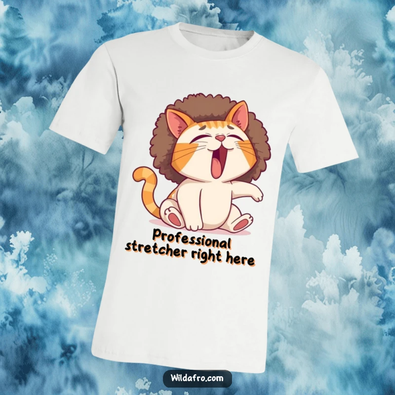 Funny cat t-shirt showing a large, fluffy afro expanding from a yawning cat mid-stretch, capturing a hilarious moment of feline relaxation.