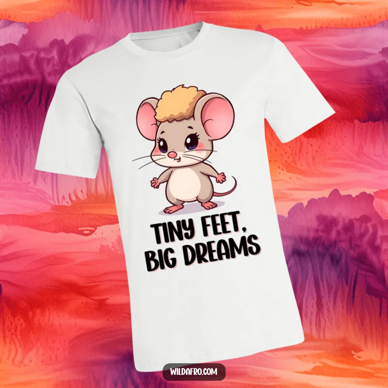 Funny Mouse T-Shirt with Afro, Determinedly Tapping Feet, Expressing Ambition and Drive