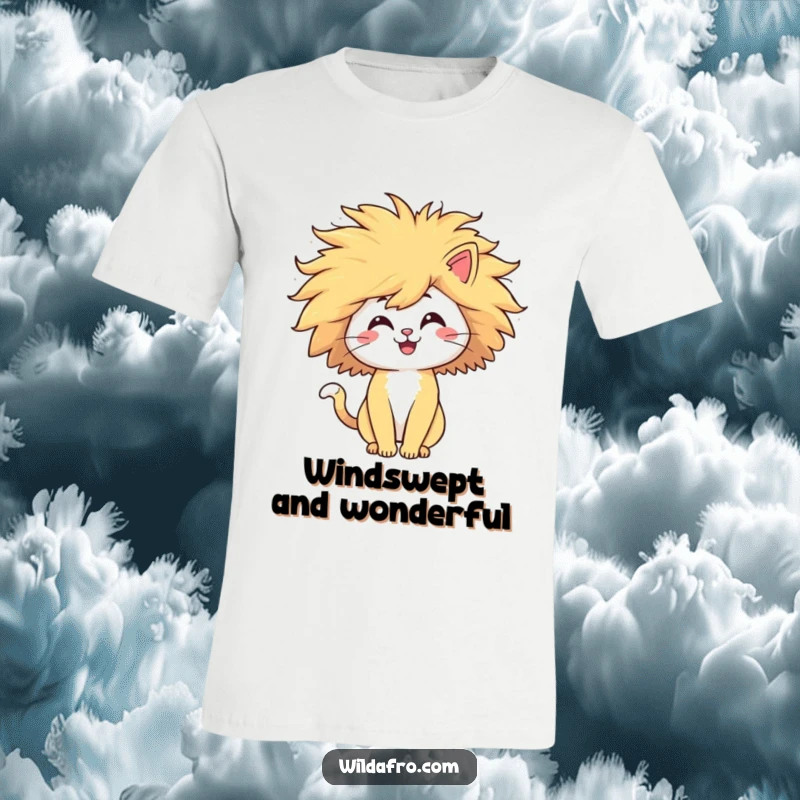 Funny cat t-shirt with a happy character sporting a giant, windblown afro, radiating pure joy and freedom. Ideal for pet lovers.