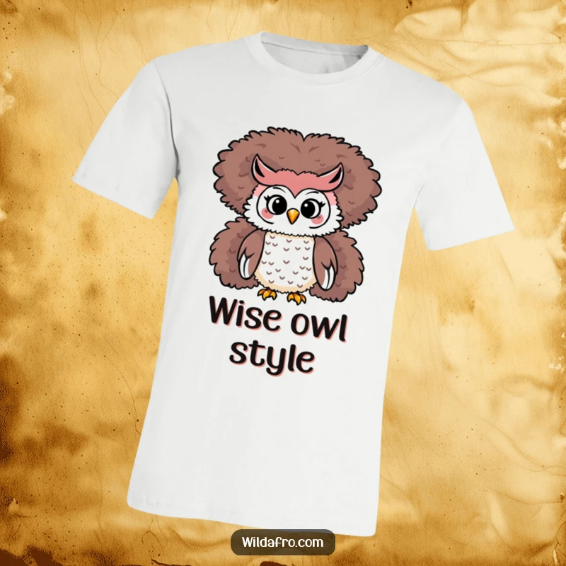Funny Owl Afro T-Shirt: A playful owl perches high atop a voluminous, fluffy afro.