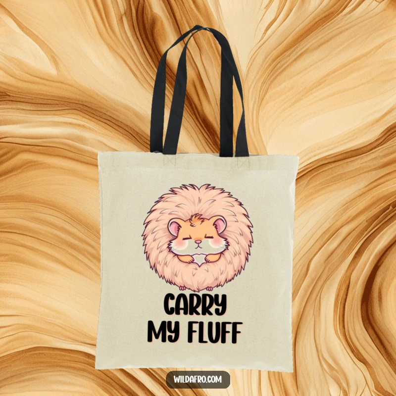Funny hamster sleeping in a fluffy afro, printed on a durable tote bag, a quirky and humorous accessory, a funny gift.