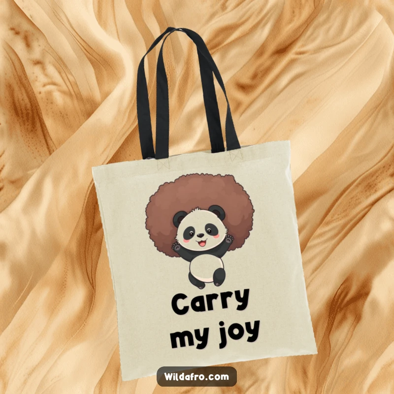 Funny panda rolling in a fluffy afro, printed on a durable tote bag, a cheerful and humorous accessory, a funny gift.