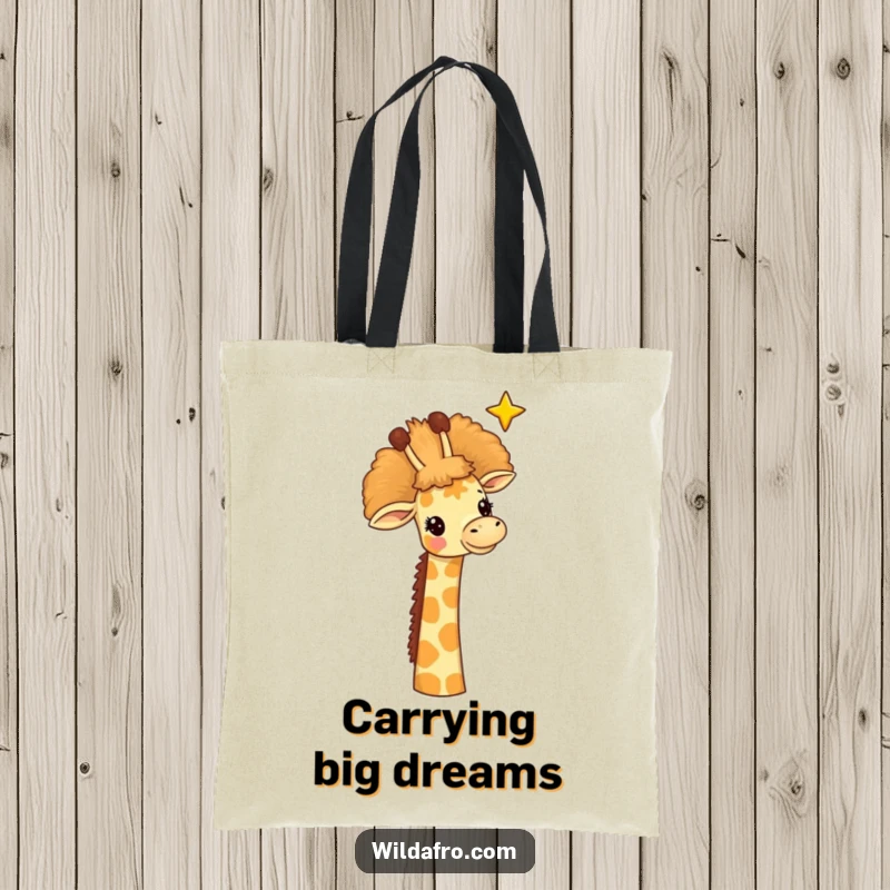 Funny giraffe tote bag, a cheerful giraffe with a tall afro reaching for a star, a delightful and inspiring accessory.