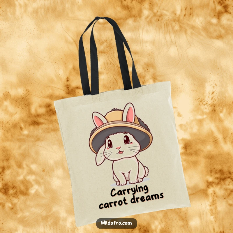 Funny rabbit tote bag featuring a curious bunny wearing an afro hat with its ears sticking out, ideal for daily use.