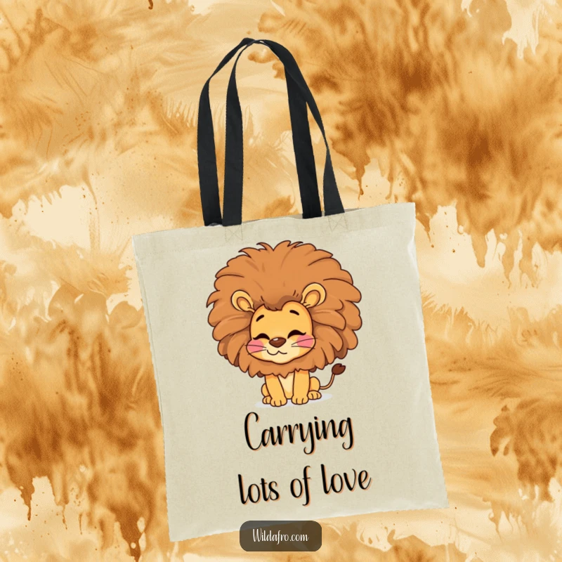 Funny lion tote bag, a happy lion with a voluminous afro blows a kiss, a funky and cheerful accessory.