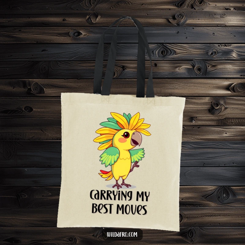 Funny tote bag featuring a dancing parrot with a vibrant, feathered afro, ready to party. Perfect funny gift.