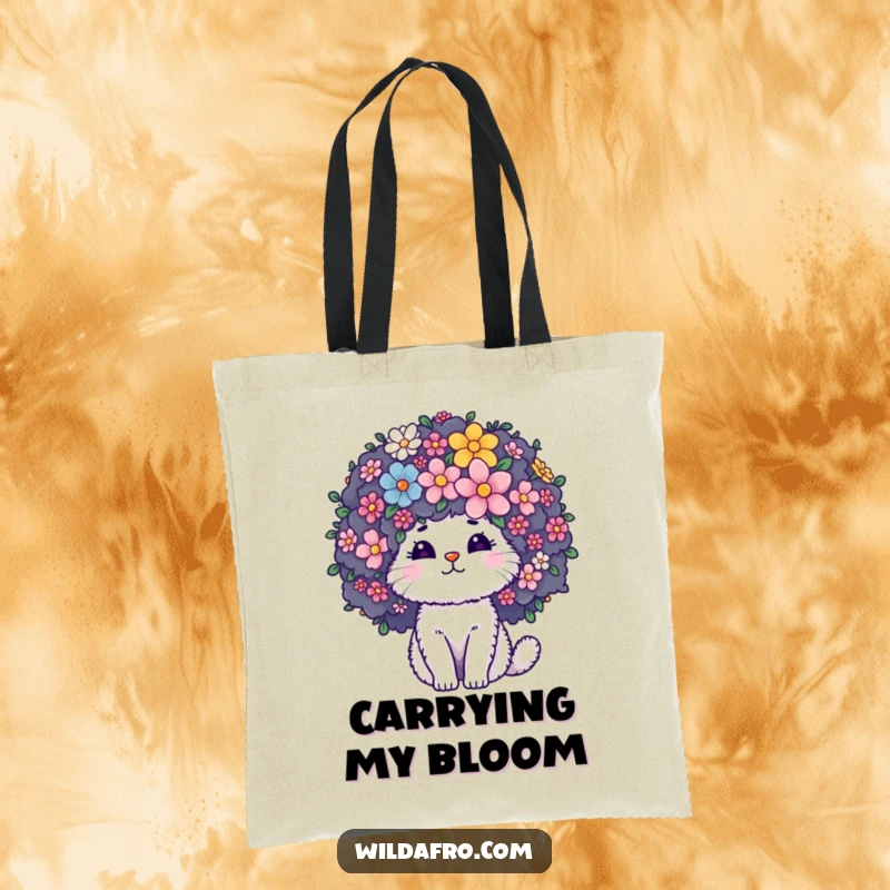Funny Tote Bag depicting a fluffy cat with a huge curly afro overflowing with blooming flowers, ideal for stylish and humorous daily use.